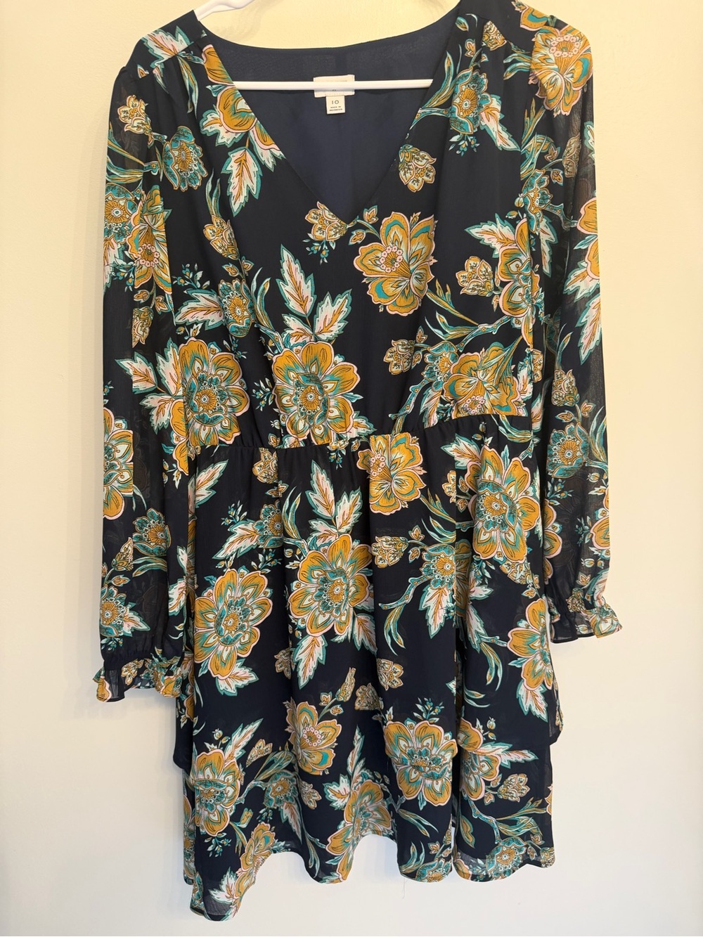 J. Crew Black Floral V-Neck Long Sleeve Dress with Mustard & Teal Accents